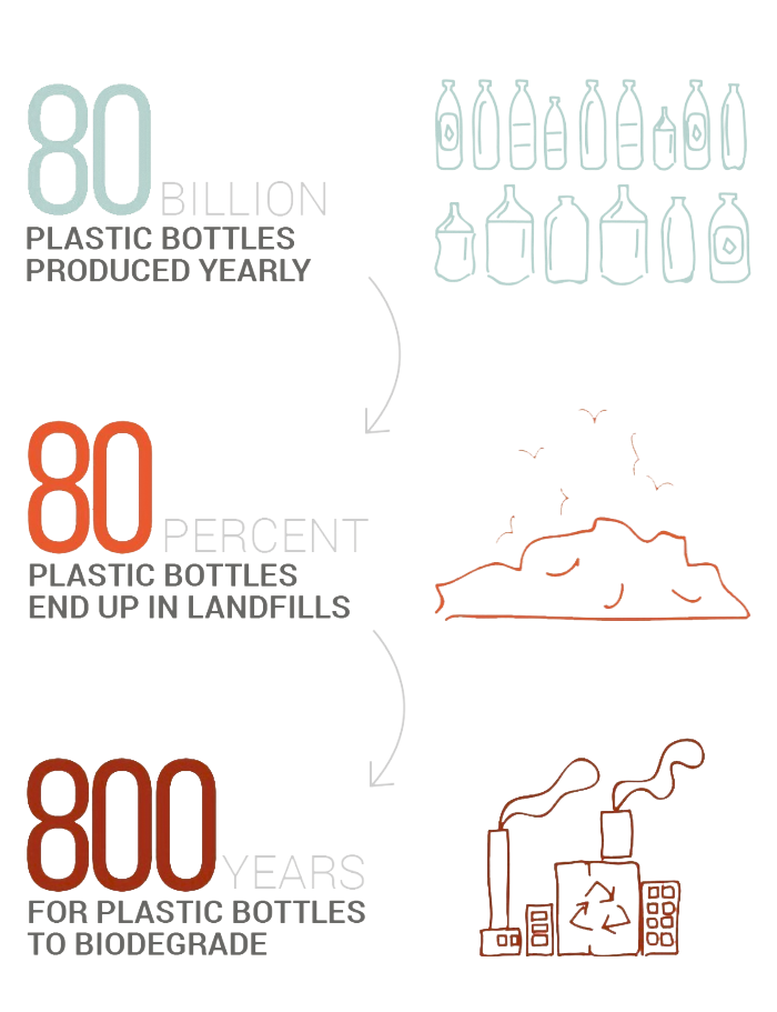 80 billion plastic bottles yearly. 80% end up in landfills. 800 years to biodegrade.